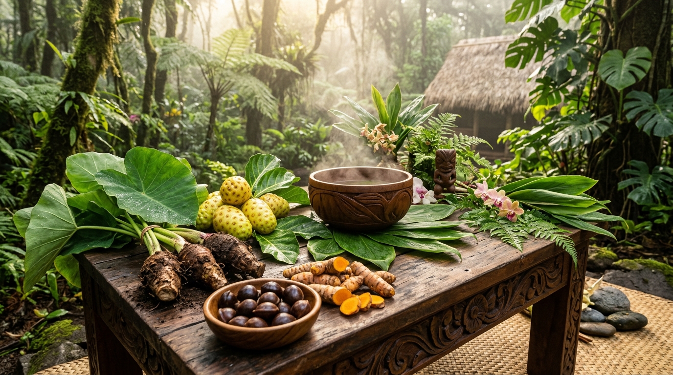 Altar botânico de cura com plantas sagradas Kalo, Noni, Kukui e infusão medicinal