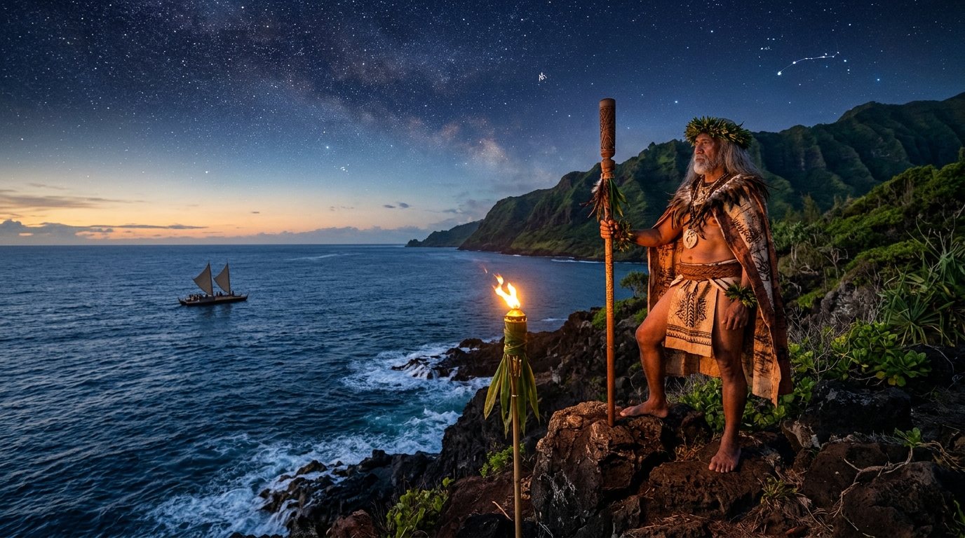 Mestre Kahuna na falésia ao crepúsculo sob céu estrelado e canoa oceânica